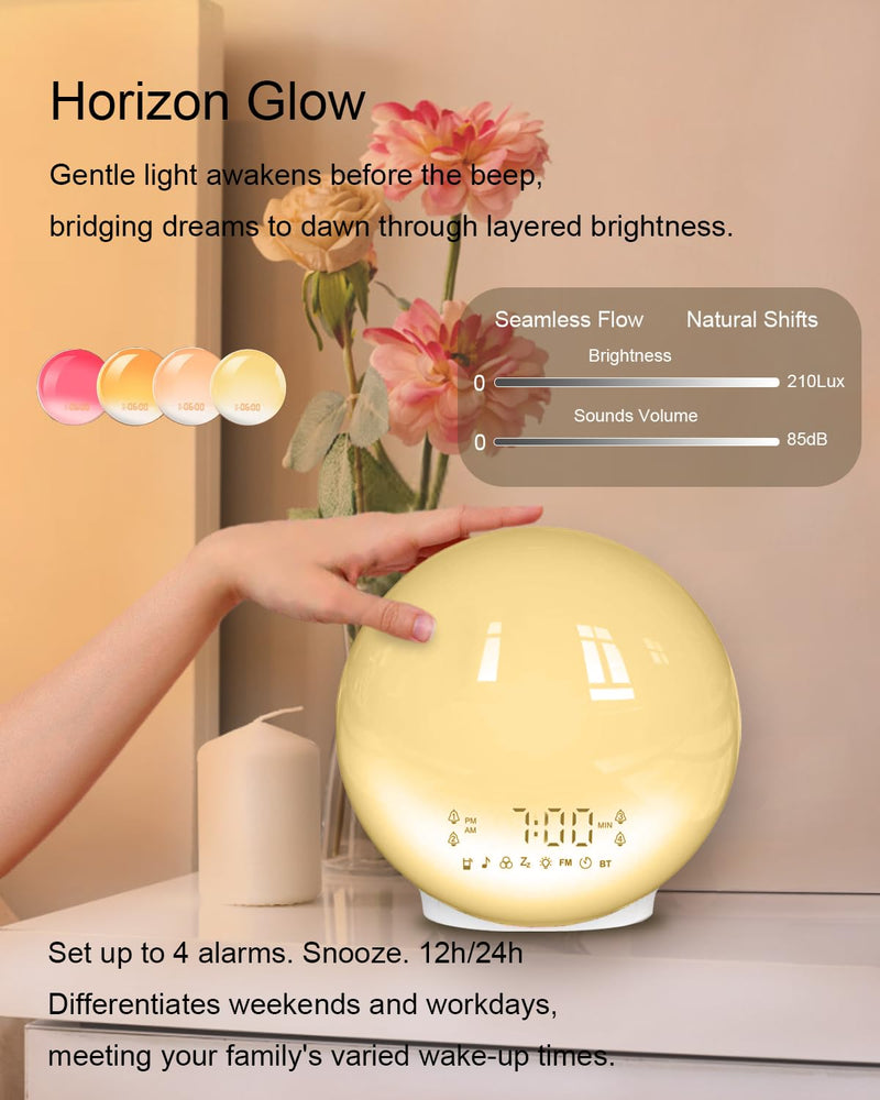 Smart Sunrise Alarm Clock with No Signup APP Control & Wake-Up Light, 4 Alarms, White Noise, FM Radio, Wireless Speaker, White