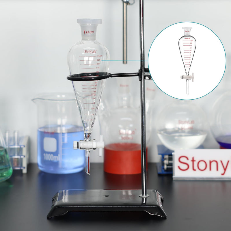 stonylab Graduated Separatory Funnel, Heavy Wall Pear-Shaped Conical Borosilicate Glass Separating Funnel with PTFE Stopcock and Plastic Top Stopper, 500 ml 500.0 milliliters 1 KD-Sep-Funnel-SL-PTFE-500ml