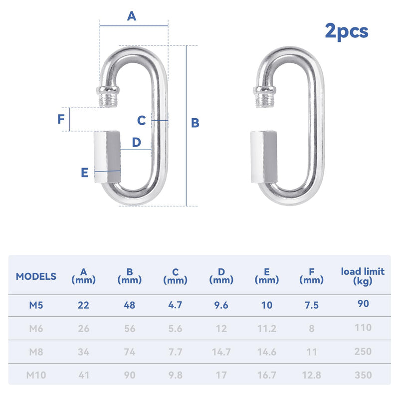 2 Pack Chain Quick Links Duty Chain Link Connector Locking Carabiner Galvanized Screw Carabiner, Chain Hooks for Outdoor Traveling Equipment, Connecting Hammock (M5-1.9 Inch / 4.8 cm)