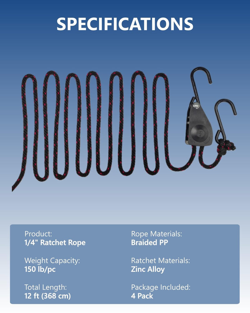 1/4" Tie Down Ratchet Straps: 4 Pack of Heavy Duty Kayak Storage Hangers - Ratcheting Cargo Straps for Various Hanging and Strapping 1/4" 4-Pack