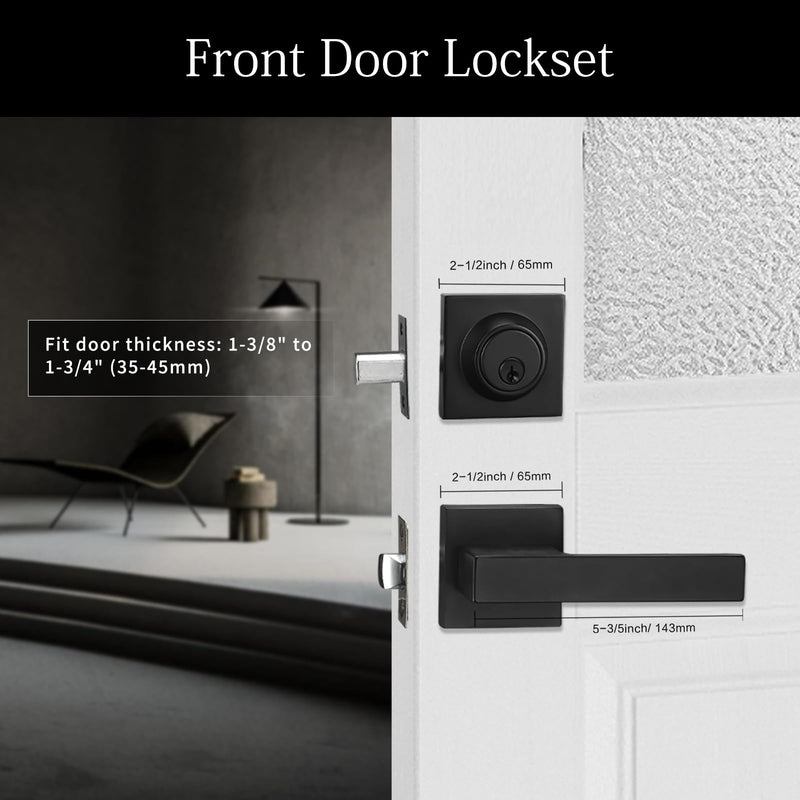 Matt Black Front Door Lockset, Exterior Door Lock with Deadbolt, Black Door Handles with Lock 1