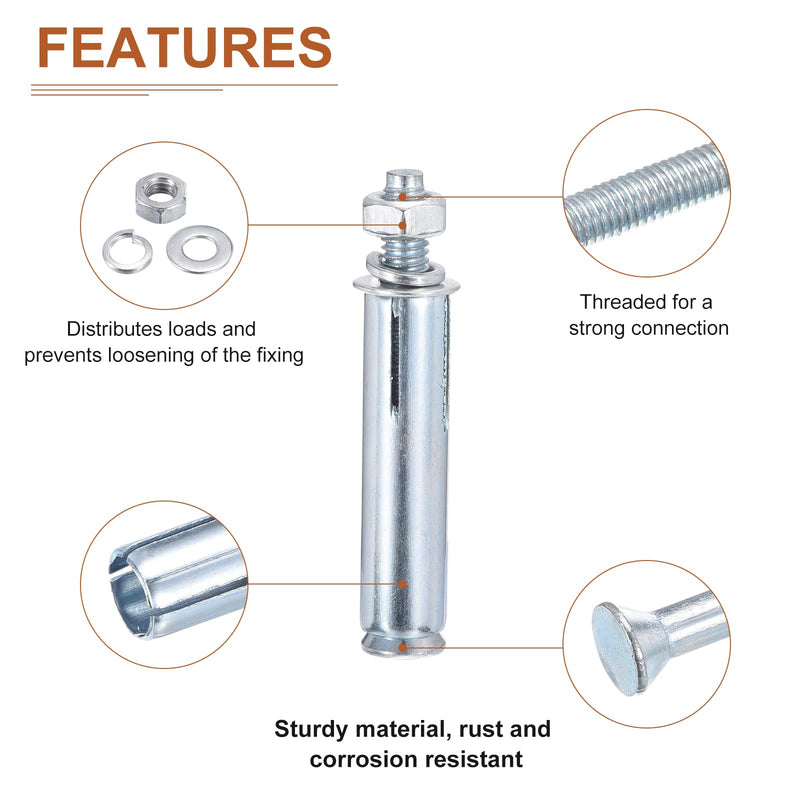 1/4" x 2-1/4" Hex Nut Sleeve Anchors - 10Pack - Good for Concrete Dry Brick Block Walls - Carbon Steel - Silver 10 1/4" x 2-1/4"