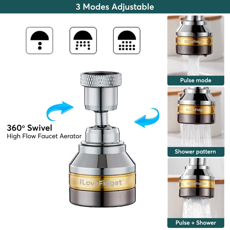 Kitchen Faucet Spray Head, Solid Brass and Stainless Steel, 360 Degree Rotatable Aerator – 3 Flow Mode Adjustable, High Pressure Booster, Anti-Splash, Water Saving Faucet Sink Short