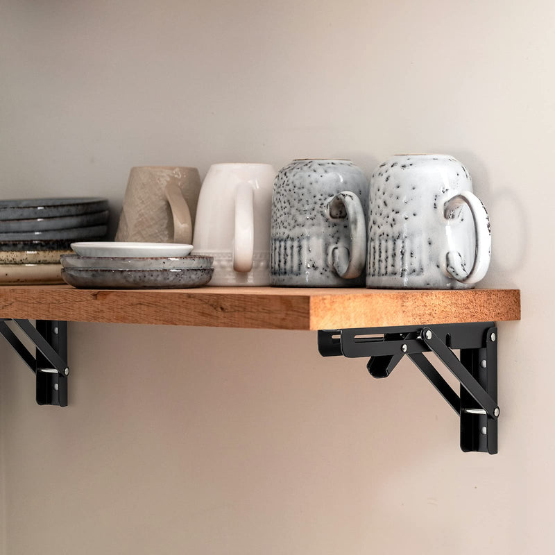Ravinte Folding Shelf Brackets - Heavy Duty Shelf Brackets Matte Black 10 Inch Collapsible Shelf Brackets, Folding Bracket for Table Bench, Space Saving for Bench Table 2 Pack