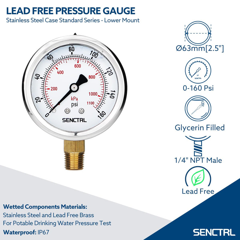 SENCTRL 160 Psi Lead-Free Glycerin Liquid Filled Low Pressure Gauge, 2.5" Dial Size, 1/4" NPT Lower Mount, Stainless Steel Case, for Home Potable Water Pump, Air, Well, RV Hose, Pressure Test 0-160Psi Lower Mount (Lead Free)