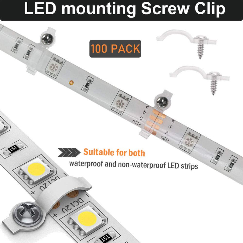 150-Pack Mounting Brackets Fixing Clips for 10mm Wide Waterproof 5050 LED Strip Light, 100 Pack One Side Fixing, Screws Included, 50Pack Self-Adhesive Strip Brackets Holder