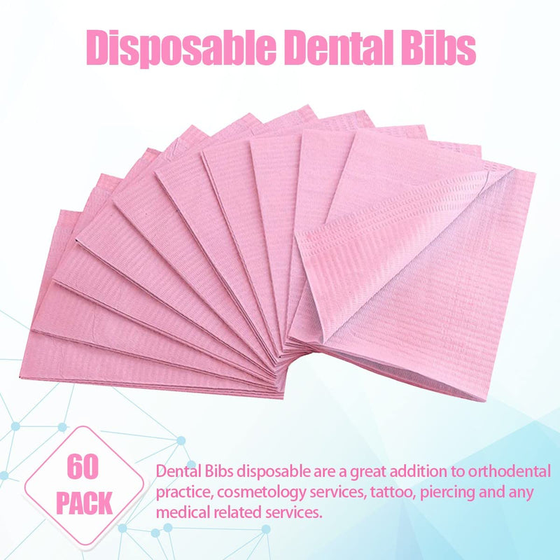 60 Pcs Dental Bibs Disposable for Patient, 13"x18", 3 Ply Waterproof Piercing Tattoo Paper Napkin Tissue Bib for Dental Clinic, Tattoo Station and Salon Pink