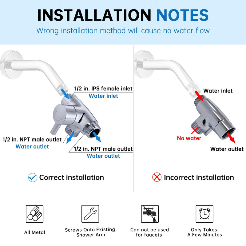 G-Promise Solid Metal Shower Arm Diverter for Hand Held Showerhead and Fixed Spray Head, G 1/2 3-Way Bathroom Universal Diverter System Replacement Part (Chrome) Chrome