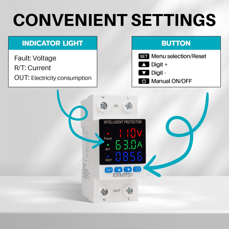 Adjustable Voltage Protector 110/230VAC 2P 63A Smart Breaker Adjustable Over Under Voltage Protection Three LED Display Voltage Current Electric Energy Intelligent Relays Reset Prote