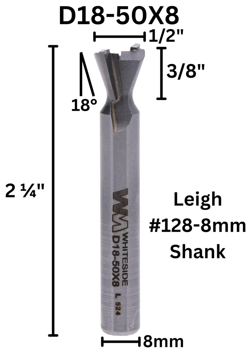 Whiteside Router Bits D18-50x8 Dovetail Bit with 1/2-Inch Large Diameter and 3/8-Inch Cutting Length