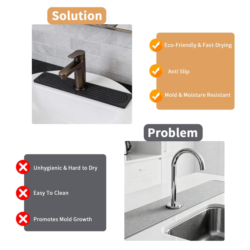 Stone Faucet Mat for Kitchen Sink - Fast Drying Diatomite Mat, Water-Absorbing Sink Protector & Splash Guard for Kitchen and Bathroom Counters (23.6"x3.9", Dark Grey) Dark Gray