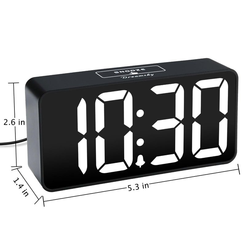DreamSky Small Digital Alarm Clock for Bederoom, Large Big Numbers Display with Dimmer for Living Room, Electric Bedside Desk Clock with USB Charging Port, Adjustable Volume, USB-C Adapter Powered Black Case White Digits