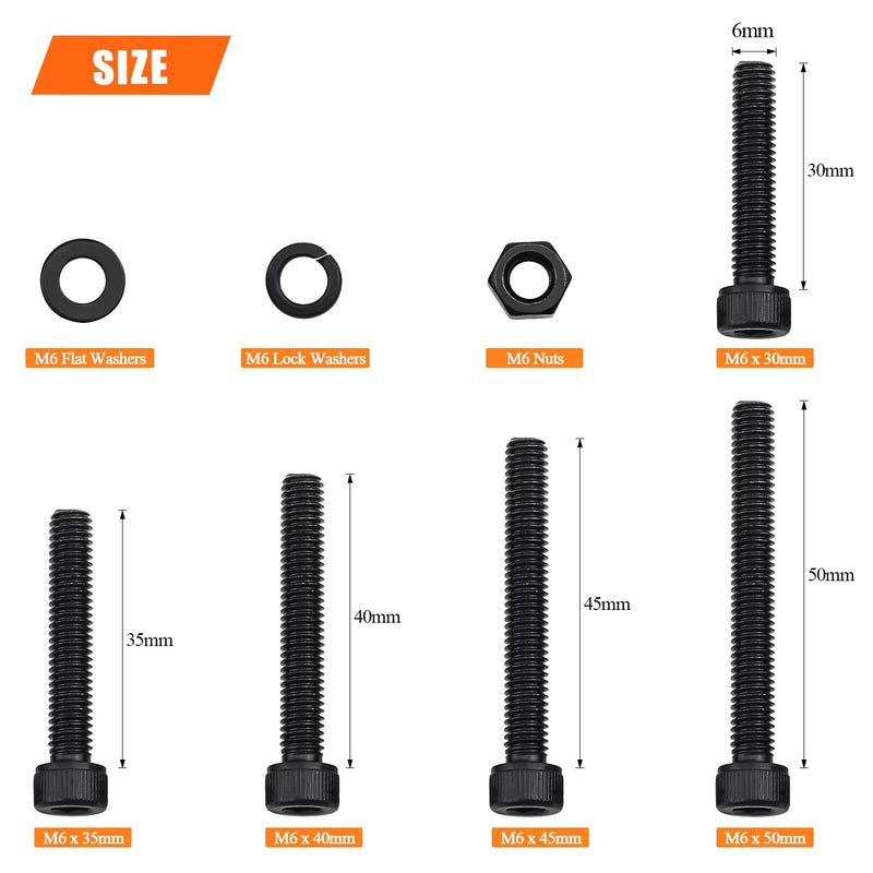 80 Pieces M6 x 30mm /35mm /40mm /45mm /50mm, Hex Socket Head Cap Metric Screws Bolts Washers Nuts Kit, 12.9 Grade Alloy Steel, Fully Threaded, Black M6 x 30/35/40/45/50mm