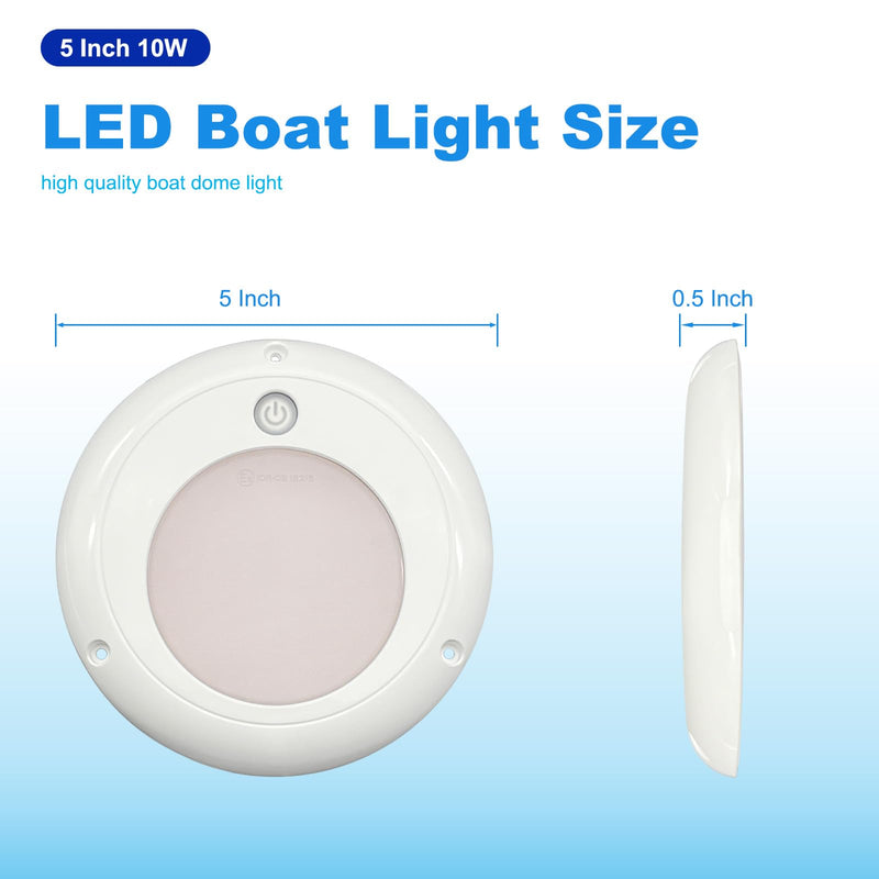 Marine Boat Dome Light, 5’’ Dual Color Boat Interior Lights with Touch Dimmer, 12V/24V Deck Cabin LED Lighting, IP67 Waterproof LED Dome Light for Boat RV UTV (White | Red) White | Red