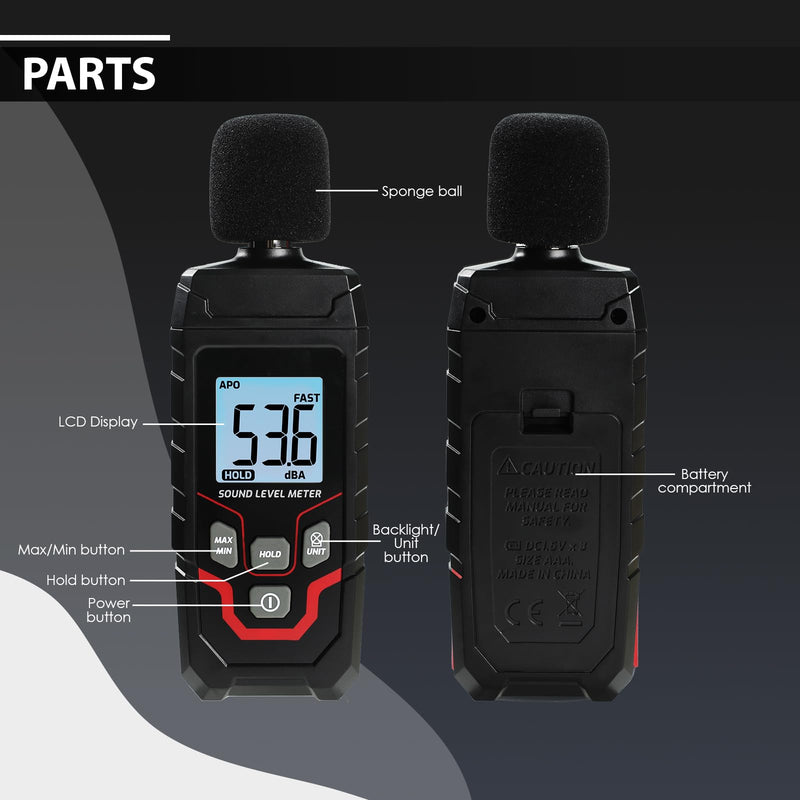 Decibel Meter Digital Sound Level Meter with Backlit LCD Screen, 30~130dB Sound Decibel Meter, SPL Meter with Fast&Slow, MAX/MIN/HOLD Mode, Portable Sound Meter for Home Theater Office Studio