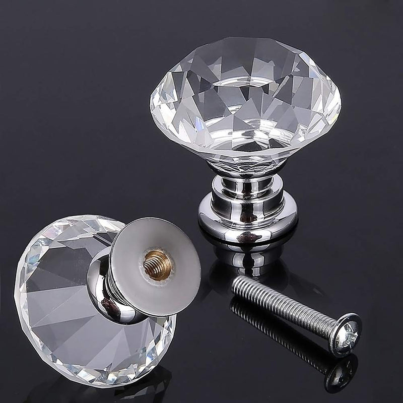 10 Pcs Crystal Glass Cabinet Knobs 30mm Diamond Shape Drawer Kitchen Cabinets Dresser Cupboard Wardrobe Pulls Handles (Clear) Clear-Silver