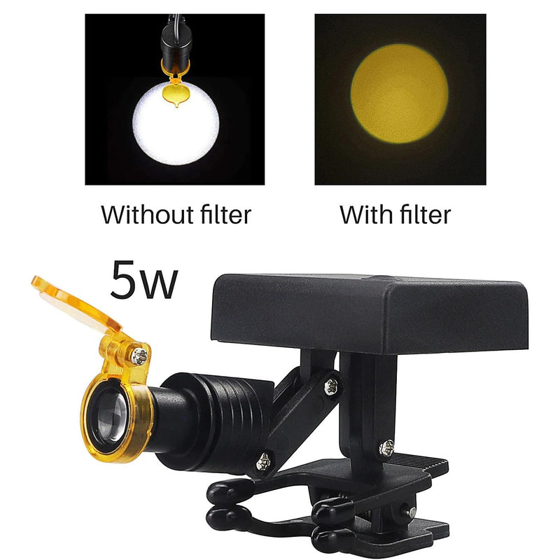 Dental LED Headlamp, Cordless 5W, Rechargeable Battery, Universal Clip, 3 Adjustable Joints, 4 Brightness Levels, Compatible with Loupes