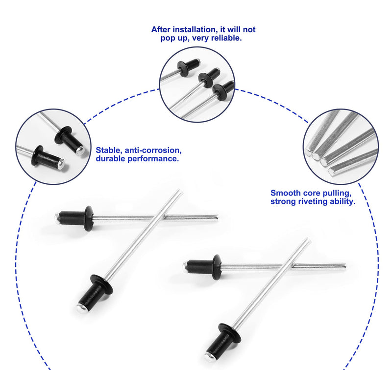 1/8" x 1/4" Aluminum Blind Rivets Assortment, Black Pop Rivets Metal Boat Rivet Tool Marine Rivets for Kayak - 100 Pcs 1/8" x 1/4"