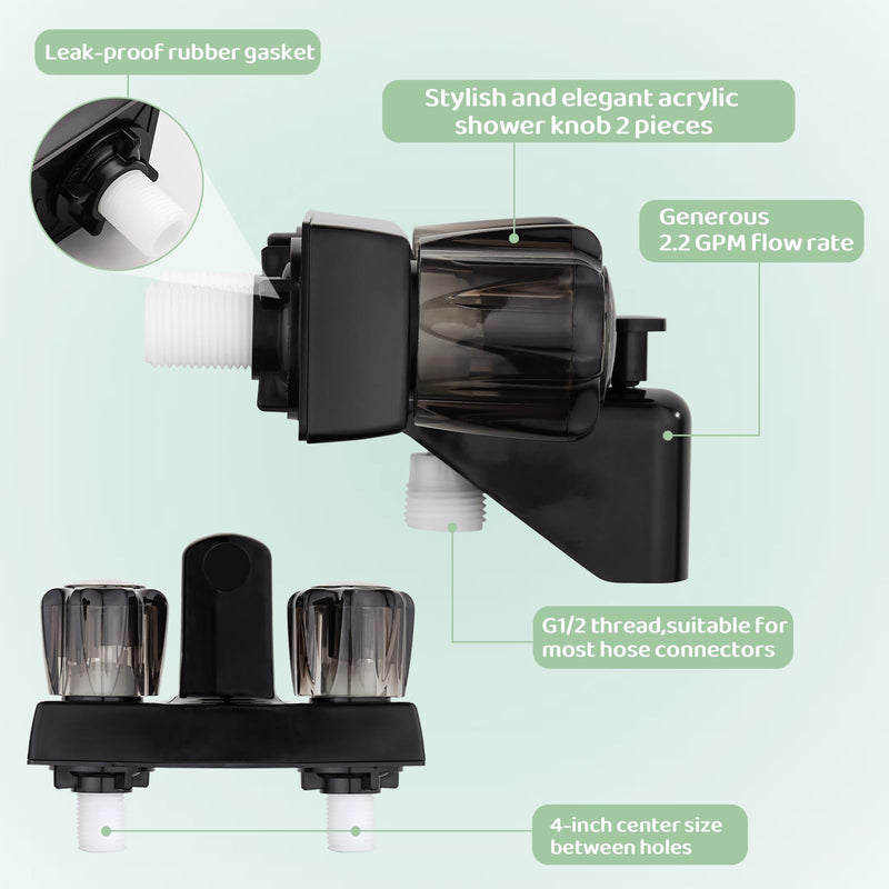 RV Tub & Shower Diverter Faucet w/Smoked Acrylic Knobs, 4 Inch Shower Valve Diverter Assembly Kit - Black