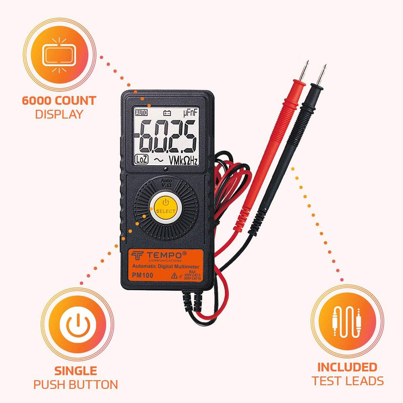 TEMPO Communications PM100 Ultra Portable Pocket Multimeter | Auto Ranging, 6000 Count | Measure AC DC Voltage, AC DC Current, Resistance, Continuity, Capacitance, Electric Field, Frequency