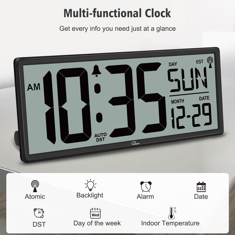 WallarGe 14.5'' Atomic Clock with Backlight, Large Digital Wall Clock Battery Operated, Large Display with Temperature and Date, Easy to Read and Set Digital Wall Clock, Auto DST