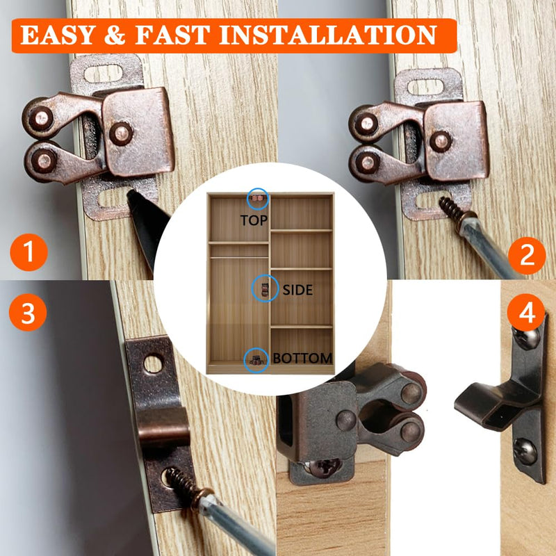 2 Pack Cabinet Latch Double Roller Catch for Cupboard Closet Cabinet Door Latches and Catches, Bronze 2