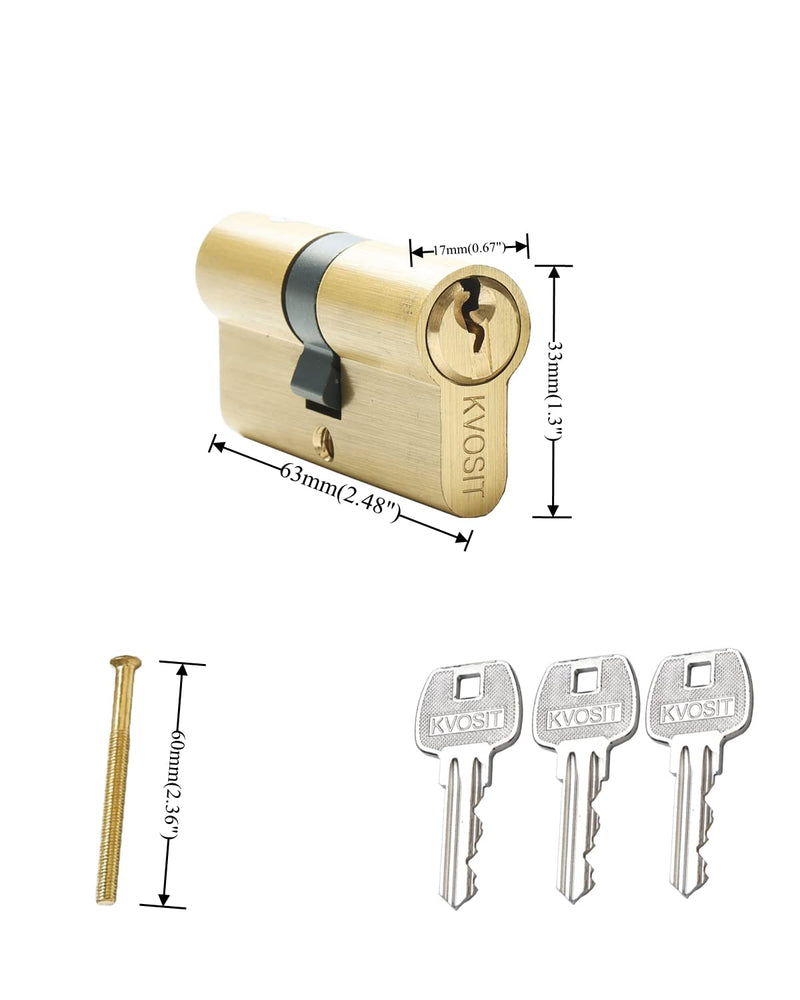 63mm Solid Brass Lock Cylinder 2pcs with 6pcs Brass Keys Key Alike Cylinder Door Lock Replacement 63MM-Key Alike Brushed Brass