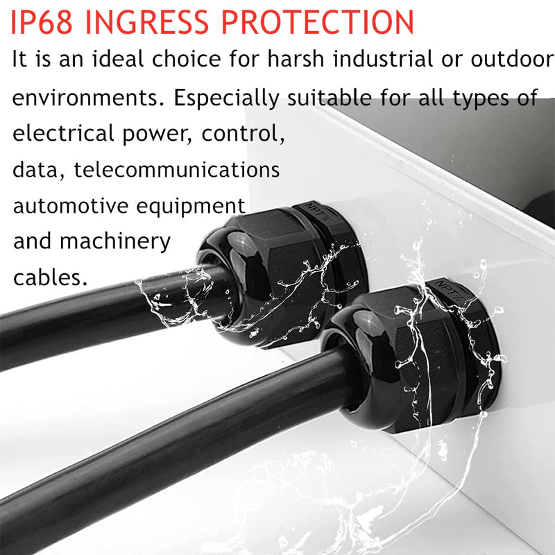 PENGLIN Cable Glands 3/4" NPT Nylon Cable Connector, Strain Relief Cord Connector, IP68 Waterproof Adjustable Locknut(3/4 Inch (10-Pack)) 3/4 Inch (10-Pack)