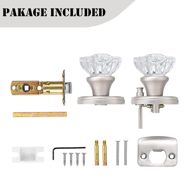 Privacy Glass Door Knobs Interior,Clear Crystal Door Knobs with Lock for Bedroom/Bathroom（Satin Nickel, 1 Pack Privacy 1Pack Satin Nickel