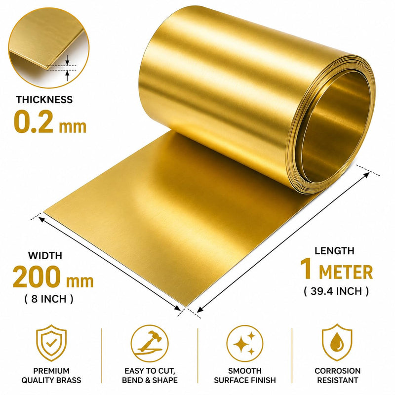 Thin Brass Sheet Metal 0.2MM Thick x 200MM Wide x 1 Meter Long, Flexible Brass Strip for Engraving, Metal Crafts, Jewelry Making, Model Building & DIY Projects