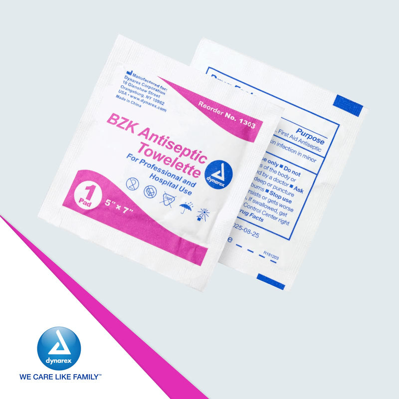 Dynarex BZK Antiseptic Towelettes, Moist Sanitizing Towelettes Designed to Help Clean Minor Wounds, 5" x 7", Disposable & Individually Wrapped, 1 Box of 100