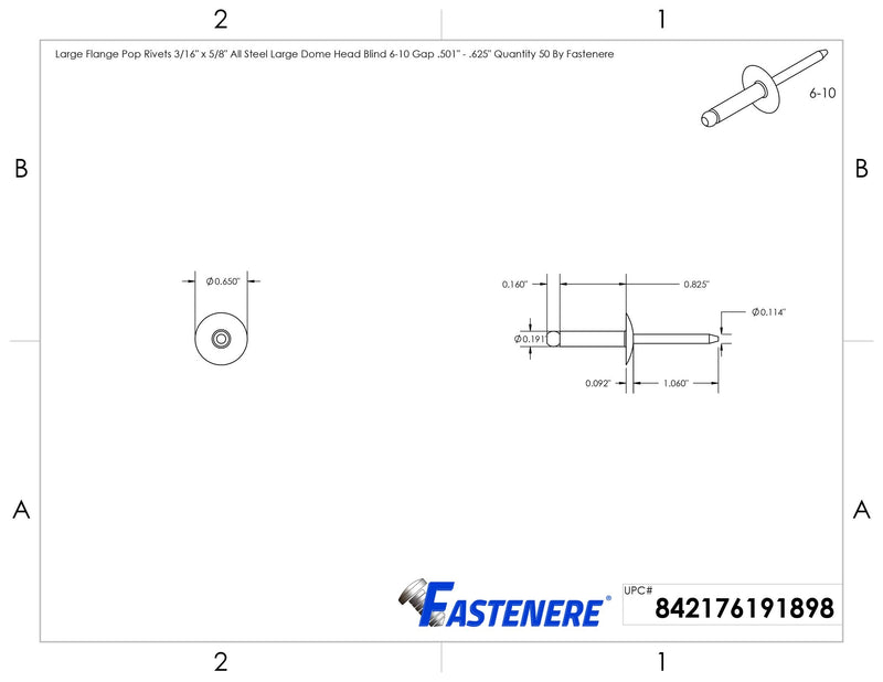 Large Flange Pop Rivets 3/16" x 5/8" All Steel Large Dome Head Blind 6-10 Gap .501" - .625" Quantity 50 by Fastenere 3/16" x 5/8" (6-10) (50 Pack)