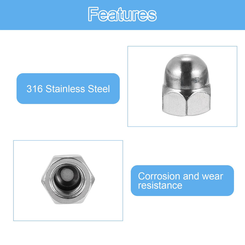 uxcell 3/8"-16 Acorn Cap Nuts, 20Pcs 316 Stainless Steel Dome Cap Head Acorn Nut Hardware Nuts for Bolt Cover, Silvery 20