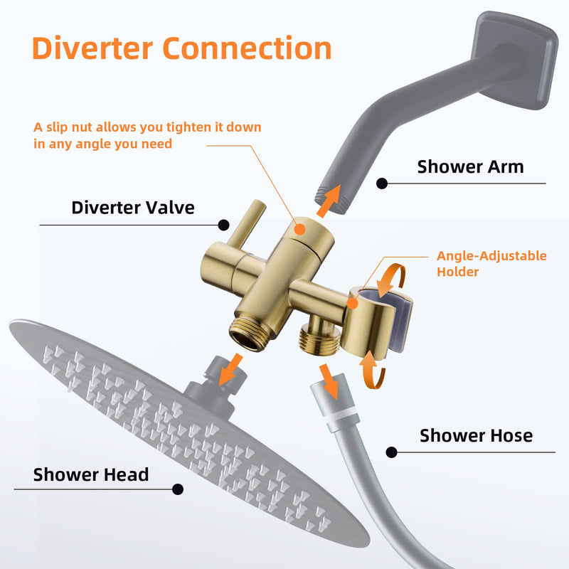 Brushed Gold Shower Arm Diverter with Hand Shower Mount, G1/2 Brass Shower Diverter Valve Bathroom Universal Shower System Replacement for Handheld Shower and Fixed Shower Head Brushed Gold