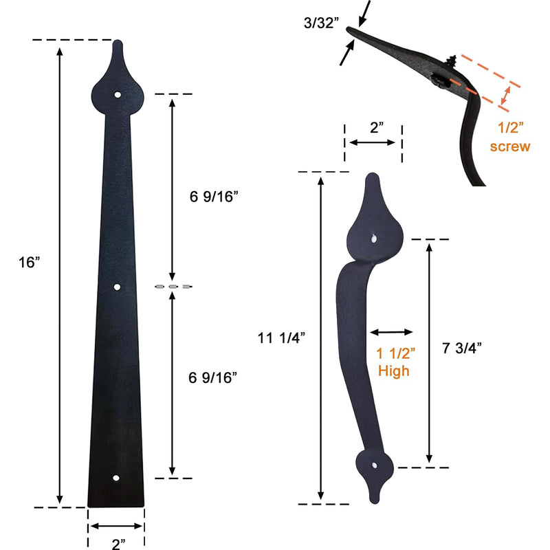 Decorative Garage Door Hardware Kit Carriage House Accents 8 Hinges and 4 Handles for 2 Car Garage, Screw Mounted, Black Steel