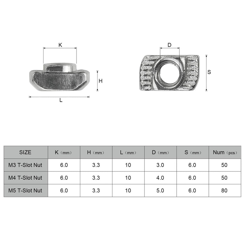 DYWISHKEY 180 Pieces 2020 Series T Nuts M3/ M4/ M5 T Slot Nut Hammer Head Fastener Nut Assortment Kit for Aluminum Profile