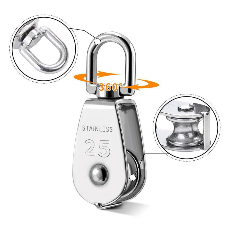 TooTaci 25MM Pulley System, M25 Pulley Block with Rope and Hooks, 2 Packs Stainless Steel M25 Single Pulley Wheel, 66ft Nylon Pulley Rope & Carabiner for Indoor Outdoor Lifting Project 4MMrope