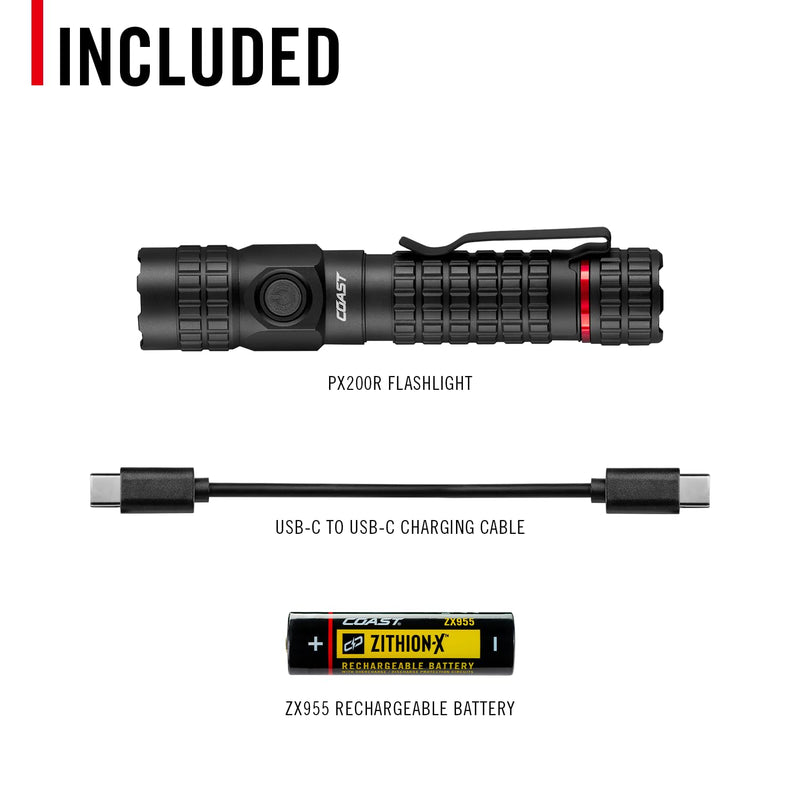 COAST PX200R 2000 Lumen Rechargeable LED Flashlight, TWIST FOCUS, USB-C, 2-Position Pocket Clip
