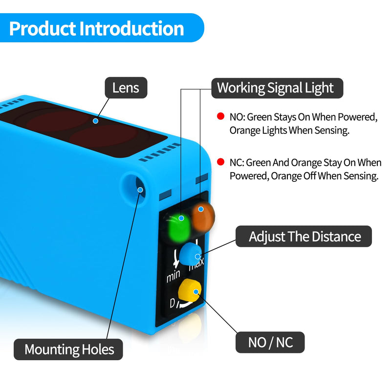 Photoelectric Sensor Switch PNP NO+NC,DC10-30V,Distance:80cm/31.52'', AE3Z-D61,Reflective photovoltaic Sensor,Garage Parking sensors,Infrared,Beam NPN