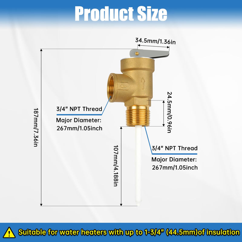 210°F 150 Psi Temperature and Pressure Relief Valve Automatic with Extension Probe and Lever, 3/4"NPT Pressure Relief Valve, All Brass Body, CSA LISTED