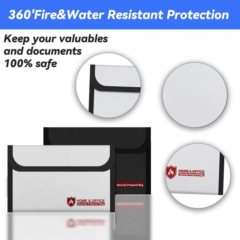 2-Pack Fireproof Document Bag and Fire Proof Money Bag for Cash 8.07x4.84’’,High Temperature Resistance up to 2000°F,Non-Itchy Silicone Coating,Fire and Water Protection for Cash,Passports,Documents