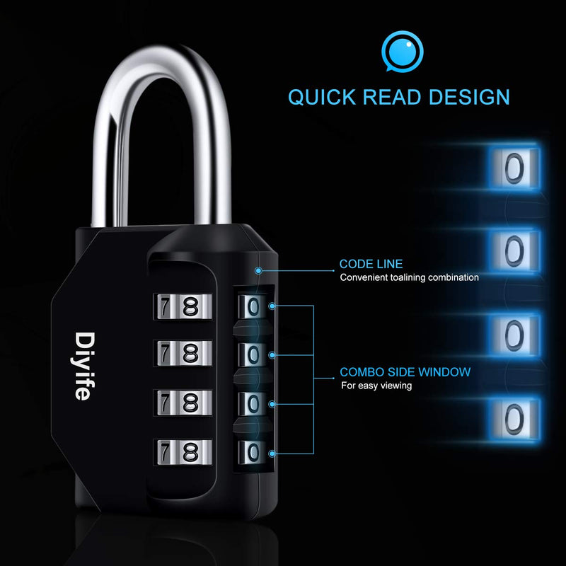3 Pack Combination Padlock Outdoor, Diyife 4 Digit Combination Lock Waterproof, Metal and Plated Steel Combination Clasp, for Fence, School, Sports Locker, Gym (Black) Black, 3 Pack