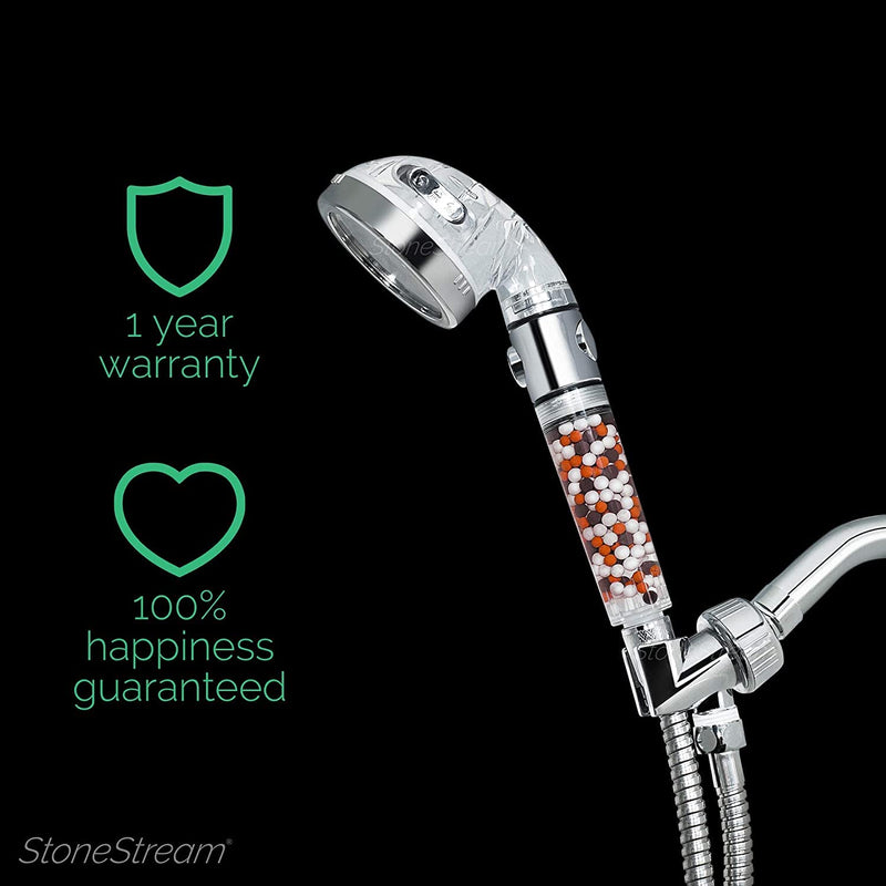 Original StoneStream Filtered Shower Head, Eco Power High Pressure Water Softener Showerhead with ON/OFF switch and Spa like Ionic beads for Dry Skin & Hair — 3 Spray Settings 3-Setting Shower Head