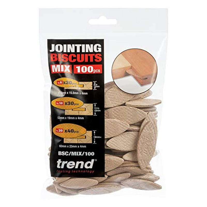 Trend 100pcs Beechwood Joining Biscuits Variety Pack (No. 0, 10, 20) for Woodworking, Joinery, and Furniture Framing, BSC/MIX/100 100 Pack