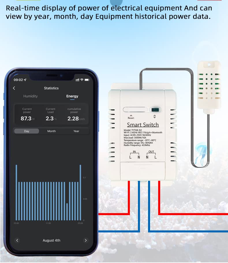 WiFi Wireless Temperature Controller,Include Temperature Probe Sensor ,Tuya app Remote 16A Smart Switch with Energy Consumption Monitoring,Work with Alexa Google (Temperature and Humidity) Temperature and Humidity