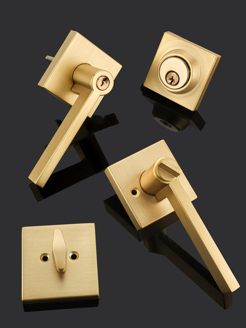 EHOMEWARE 1 Set Entry Door Handle and Single Cylinder Deadbolt Lock and Key Combo Pack - Heavy Duty Square Locking Lever Set - Interior/Exterior Door Levers in Satin Brass Finish Entry Door Lock with Single Deadbolt Cylinder