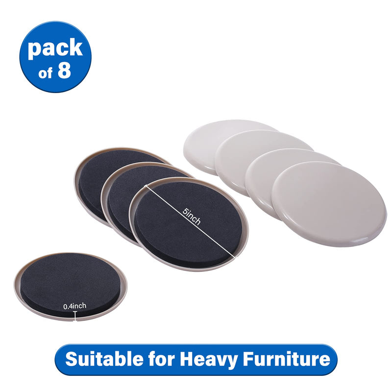 Furniture Sliders for Carpet, 8 Pcs 5" Round Furniture Moving Pads, Heavy-Duty Furniture Movers - Reusable Slider, Move Any Item Quickly, Easily and Safe! Beige