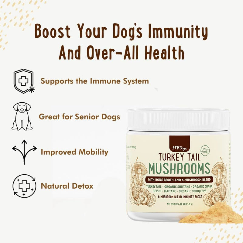 iHeartDogs Turkey Tail Mushroom for Dogs with Bone Broth and 6 Mushroom Blend Powder - PawsPlanet Australia