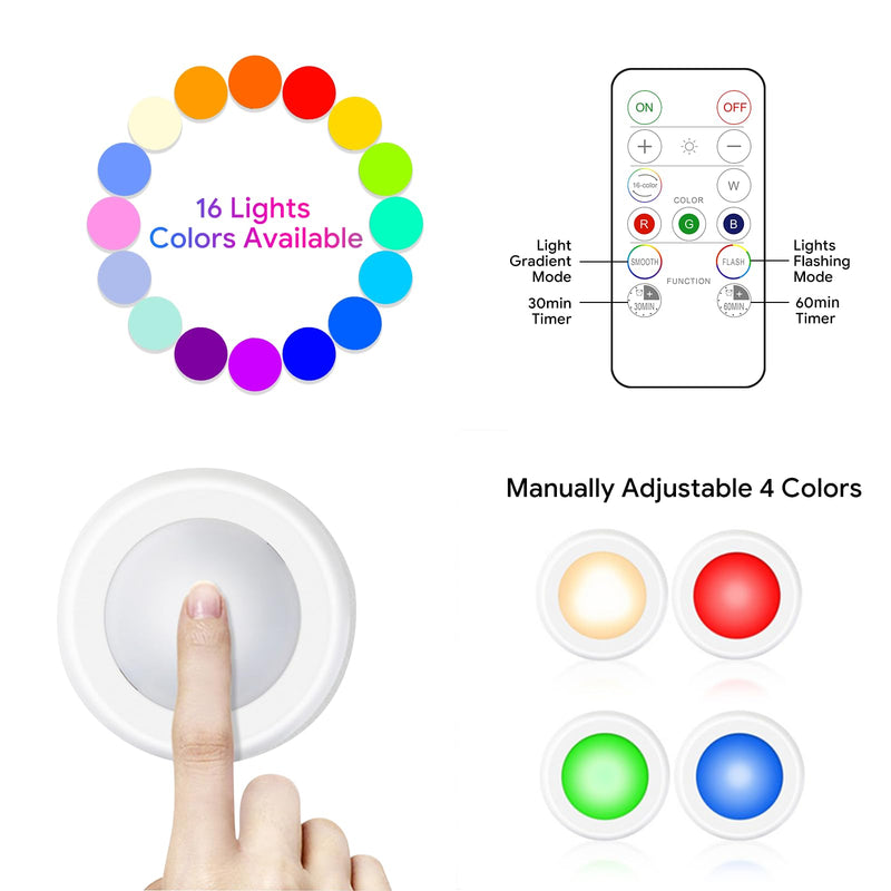 Yiliaw 12 Pack LED Puck Lights Remote Control 16 Color Changeable Under Cabinet Lights, Battery Operated Lights Night Light with Dimmer & Timmer for Closet Bedroom Kitchen, White 12 Packs