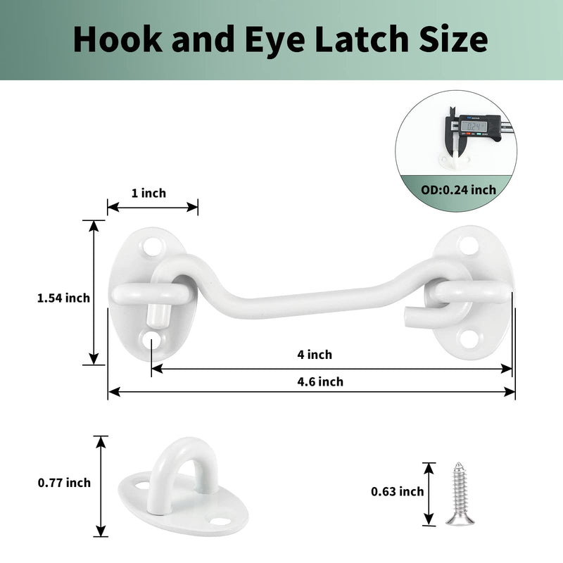 Barn Door Latch Hook and Eye Latch White, 2 Packs 4 Inch Heavy Duty Solid Stainless Steel Barn Door Hook Lock for Barn Doors, Sheds, Wooden Fences, Bathrooms, Doors, Windows (White) *White